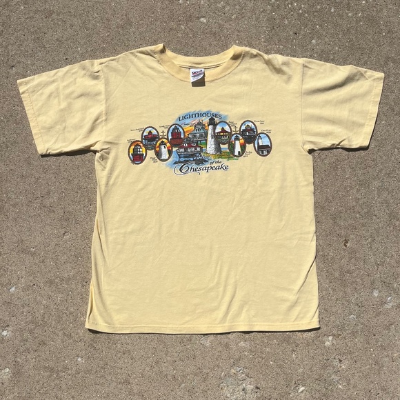 Vintage Chesapeake Bay Shirt Size S/M Anvil Y2K Lighthouses Tan Graphic Tee - Picture 1 of 3